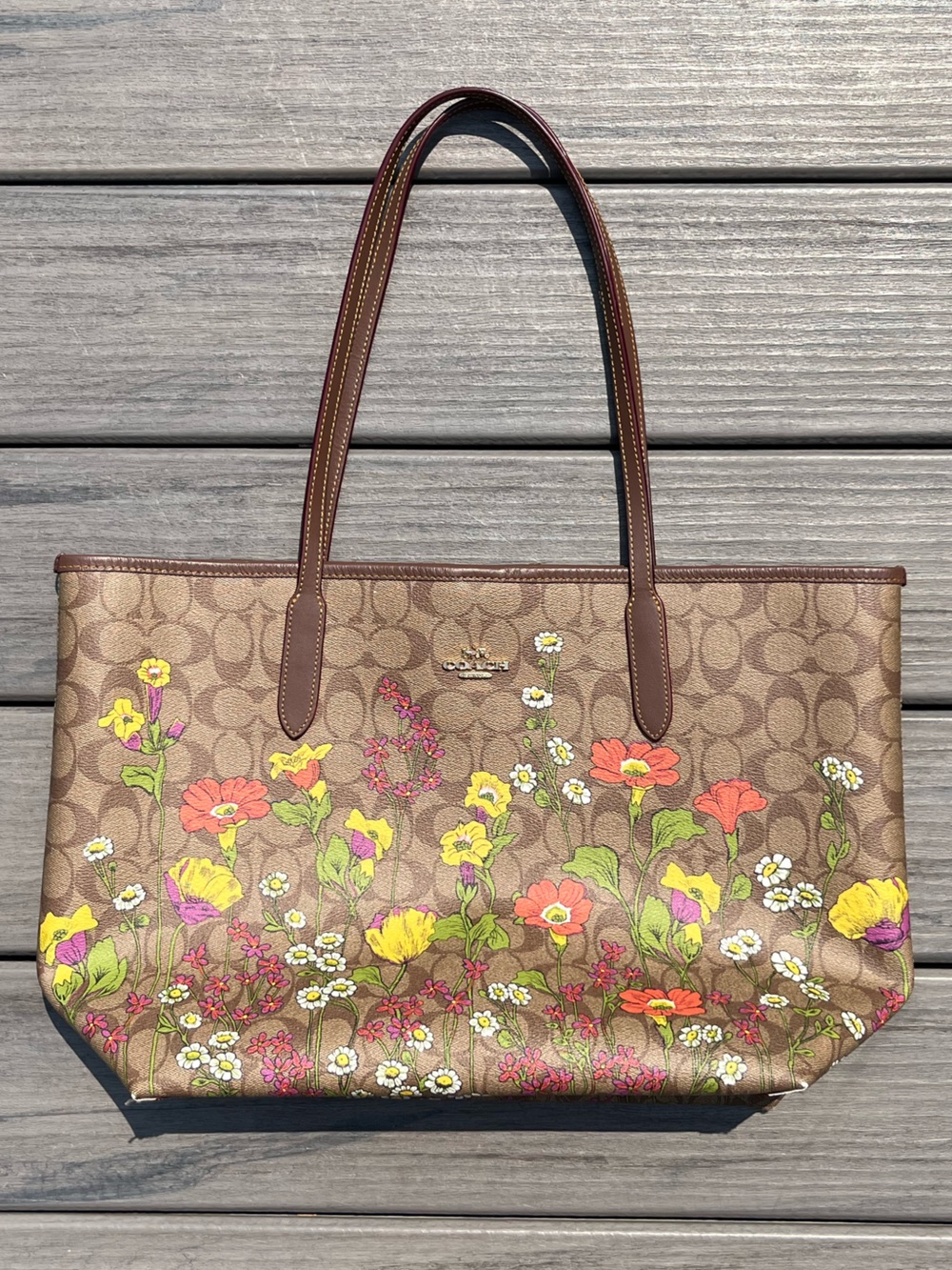 Coach; Large City Tote; Signature Brown Monogram; Multicolor Garden Floral Print - Picture 3 of 16